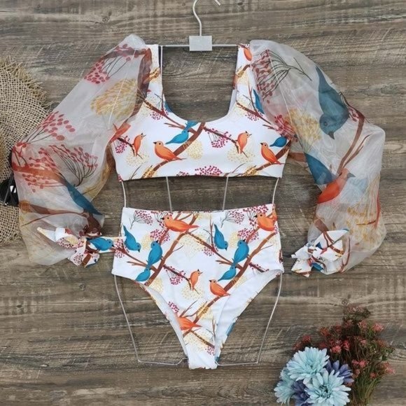 Callie Humminbird: Sheer Puff Chiffon Sleeve Bikini Swimsuit Large - Picture 14 of 15